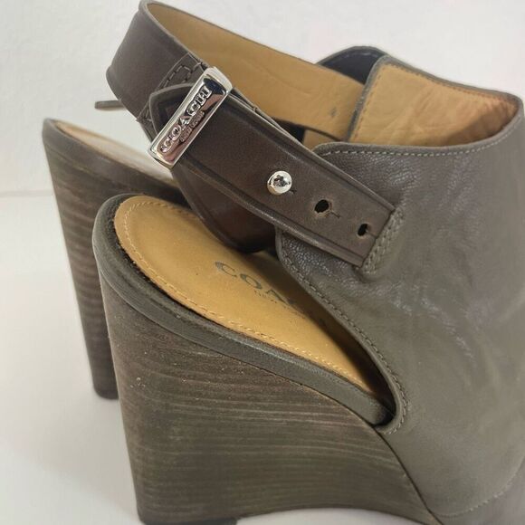 Coach Grey Leather High Heel Wedge Peep Toe Sandals - Picture 5 of 9